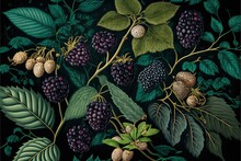  A Painting Of Berries And Leaves On A Black Background With Green Leaves And Berries On The Branch And On The Other Side Of The Frame.  Generative Ai