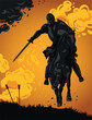 Silhouette of a horse knight and warrior. Armored latin cavalry. Soldier attacking. Charge. Crusade. Vector illustration. Isolated. Medieval Europe.