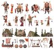 Cartoon vikings. Medieval barbarian characters and elements, household items, houses, ship and animals, warriors and civilians, men with swords and shields, women with kids, tidy vector set