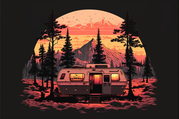 Camping Urlaub, camping in the woods, campsite with trailer and campfire, landscape in retro style, Generative AI