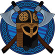 Celtic helmet. Barbarian weapon. Axe. Medieval.Vector isolated, composition.