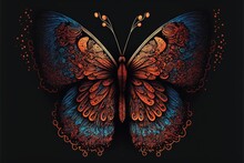  A Colorful Butterfly With Intricate Patterns On Its Wings And Wings, With A Black Background And A Red And Blue Butterfly With A Black Background.  Generative Ai