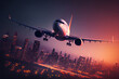 Ein Flugzeug fliegt über eine Großstadt mit wunderschöner Skyline  - Generative Ai