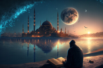 The peaceful scene of a person reading the Qur'an while the mosque stands in the background, brought to life through Generative AI