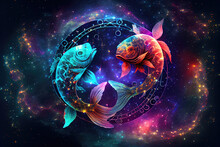 Pisces Zodiac Sign Against Space Nebula Background. Astrology Calendar. Esoteric Horoscope And Fortune Telling Concept. Created With Generative AI