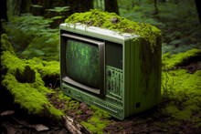 Mossy Dumped Old Computer In The Forest. Generative AI