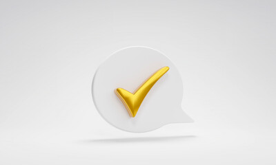 Golden check mark in speech bubble on white background. concept of checklist and approval. 3d illustration