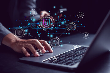 Cybersecurity and privacy concepts to protect data. businessman with internet network security technology. Businessman locking personal data on computer with virtual screen interfaces. cyber security.