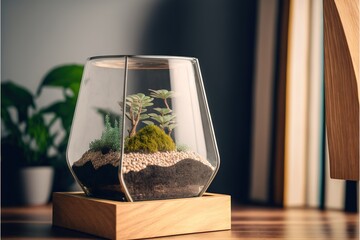 Poster -  a glass vase with a plant inside of it on a table next to a window sill and a plant in it on a wooden stand.  generative ai