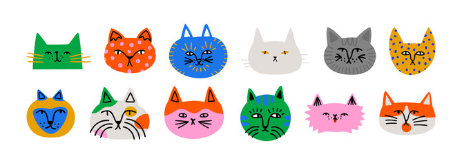 funny cat animal head cartoon set in colorful flat illustration style. cute kitten pet collection, d