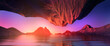 3d render, fantasy landscape panorama with rocks and water. Abstract fantastic background. Spiritual zen wallpaper illuminated with red sunset light