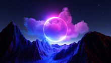 3d Rendering, Abstract Background. Pink Blue Neon Ring Glowing Over The Futuristic Landscape With Mountain Rocks And Stormy Cloud