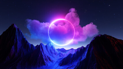 Wall Mural - 3d rendering, abstract background. pink blue neon ring glowing over the futuristic landscape with mo