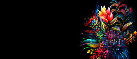  Colorful tropical flowers on black background. generative Ai 