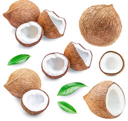 Wall Mural - Coconuts with green leaves isolated on white background. Collection. Creative layout  of fresh whole and half coconut and slices. Pattern. Flat lay.