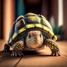Turtle With Green Shell On The Floor, Illustration