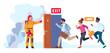 Firefighter with megaphone announces fire alarm. Fireman supervises evacuation of people from building. Men and women leaving house through emergency door. Running persons. Vector concept