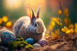 Easter eggs in basket with rabbit. Easter Bunny and colorful eggs generative ai illustration. Easter is a Christian holiday that celebrates the belief in the resurrection of Jesus Christ