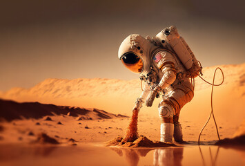 Poster - astronaut filtering water on alien planet. generative ai