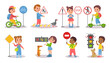 © VectorBum - Young students learn traffic rules. Children hold or point to road signs. Safety road crossing and bike riding. Girl or boy pedestrians. Transportation regulation. Splendid vector set