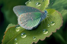  A Blue Butterfly Sitting On A Green Leaf With Water Droplets On It's Wings And Wings Are All Around It's Body And Its Wings Are Covered With Water Droplets.  Generative Ai