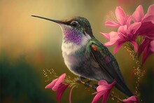  A Painting Of A Hummingbird Perched On A Flower Branch With Pink Flowers In The Foreground And A Green Background With A Pink Flower In The Foreground.  Generative Ai