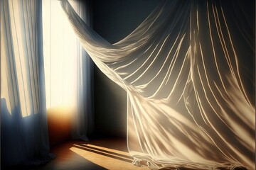  a room with a curtain and a cat laying on the floor in front of the window with the curtains pulled back and the sun shining through the window.  generative ai