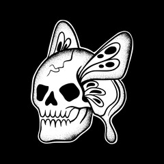 Wall Mural - Skull butterfly art Illustration hand drawn black and white vector for tattoo, sticker, logo etc