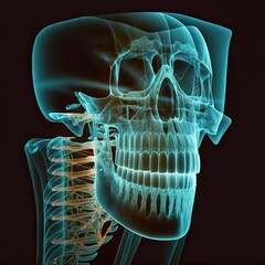  the bones of the head and neck are highlighted in blue and green light, with a highlighted part of the upper half of the skull visible.  generative ai