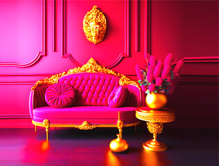 luxury retro and gold modern interior colour viva magenta background, mock up of the wall furniture. generative ai