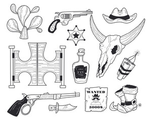 Cowboy doodle western icon sketch sheriff west wild outline line cute style isolated set. Vector flat graphic design element concept illustration