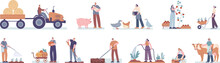 Cartoon Farmers Planting And Care Animals. Rural Farmer Working, Gardener And Agriculture Person. Countryside, Harvest Season Kicky Vector Clipart