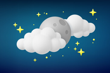 Wall Mural - night 3d moon in clouds and stars. realistic plasticine sky and planet, yellow star and cloud. dream