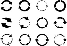 Reload Arrows Black Icons. Circular Arrow, Isolated Loop Or Round Spin Signs. Environment And Recycle, Reset Repeat And Upgrade Pictogram Decent Vector Set
