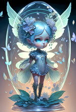 Fantasy Illustration Of A Little Fairy In A Crystal Ball With Butterflies.