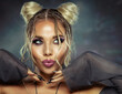 Beauty Girl with pout Full Lips Kiss. Beauty Model Face with Perfect Make up and Black Nails Manicure. Stylish Blond Woman with Two Space Hair Buns Hairstyle over Dark background