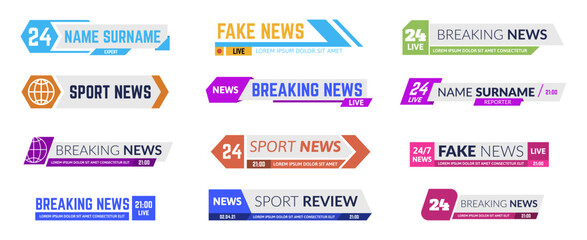 Headline information media screen frames. Breaking news tv bars for broadcasting. Sport program or live show banners