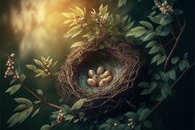  A Painting Of A Bird Nest With Four Eggs In The Nest On A Tree Branch With Leaves And Berries On The Branch, With The Sun Shining In The Background.  Generative Ai