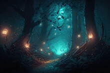 Illuminate Your Imagination With A Moody Fantasy Forest Scene Lit By Glowing Lanterns In The Dead Of Night