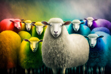 Flock Of Colorful Sheep With Colors Of The Rainbow. Generative AI