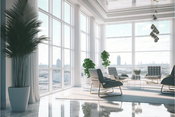  a room with a large window and a chair and a potted plant in it and a view of the city outside the window is shown.  generative ai