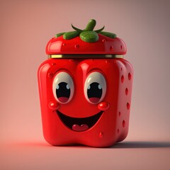 Wall Mural - Cartoon character smiling strawberry jar, generative ai