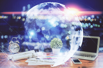 Aufkleber - Double exposure of business theme icons and work space with computer background. Concept of success.