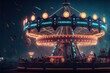© Shanti - a carnival ride at night with many people on the ride and a lot of confetti flying in the air above it and a dark sky.  generative ai