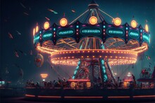  A Carnival Ride At Night With Many People On The Ride And A Lot Of Confetti Flying In The Air Above It And A Dark Sky.  Generative Ai