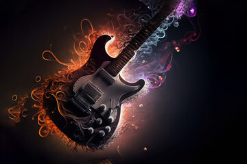  a black electric guitar with colorful swirls on a black background by corbi - art - print - on - canvas - wall art com.  generative ai