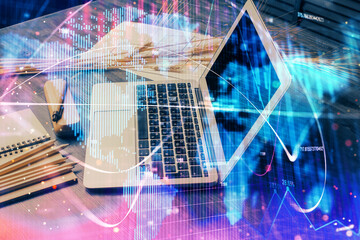 Aufkleber - Double exposure of business theme icons and work space with computer background. Concept of success.