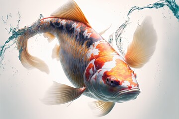 Wall Mural -  a goldfish with white and orange fins swimming in water with bubbles coming out of it's back end and a white background behind it.  generative ai