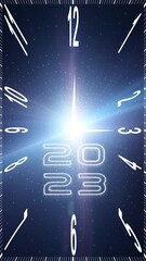 Wall Mural - infinity cosmos time looping clock with year 2023 on artistic glowing light universe science animati