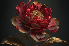  A Large Red Flower With Gold Leaves On A Black Background With A Black Background And A Gold Leaf In The Center Of The Flower,.  Generative Ai